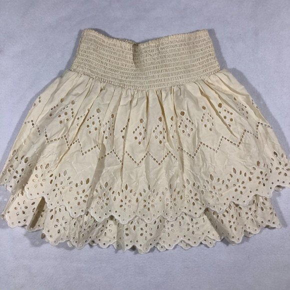 Zara Womens XS Tiered Eyelet Skirt 100% Cotton Cream Pale Yellow - Picture 7 of 14